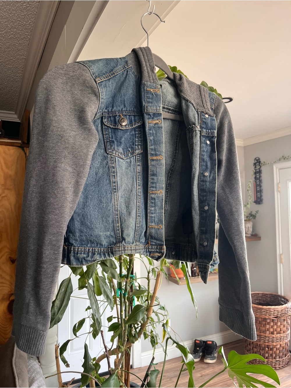 Forever 21 Blue Denim Jacket with Gray Hoodie Sleeves
